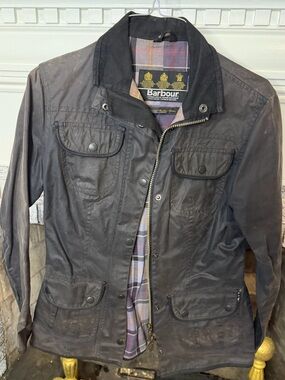 Barbour Ladies Utility Jacket Black Waxed Cotton Casual Jacket with Plaid Lining